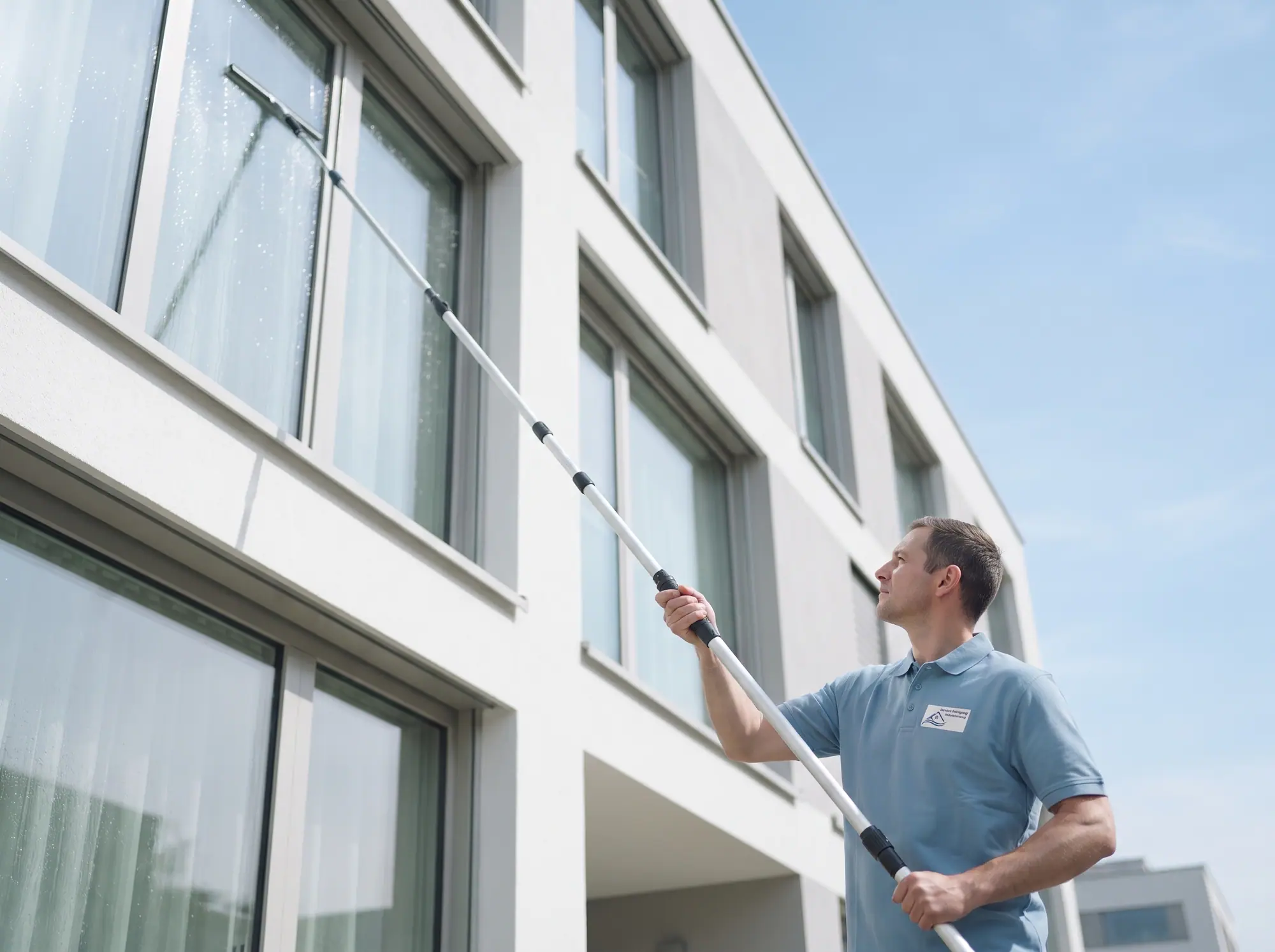 Professionelle Fensterreinigung an einer Gebäudefront