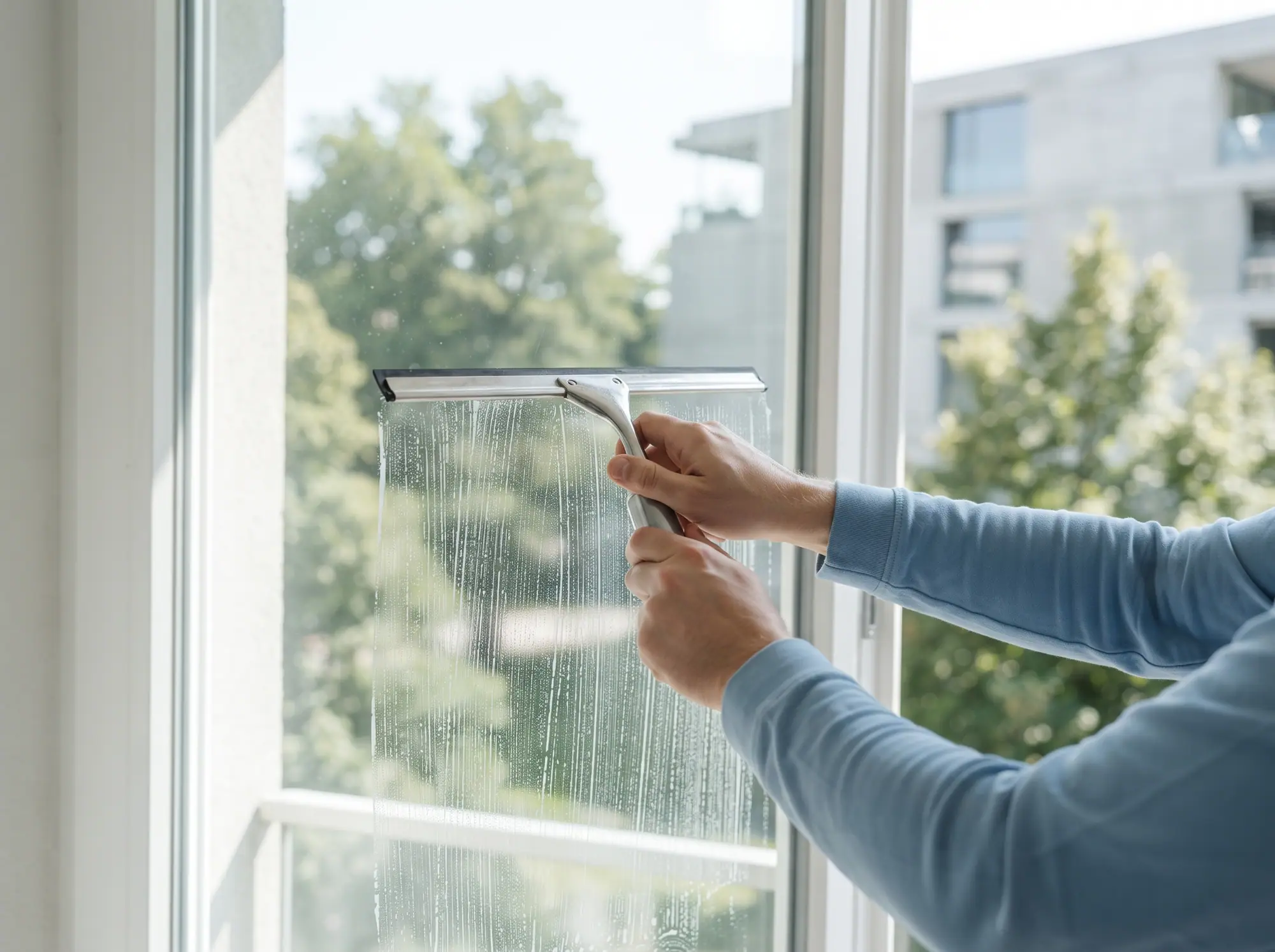 Nahaufnahme: Abzieher zieht eine Fensterscheibe streifenfrei ab, Wassertropfen an der Kante