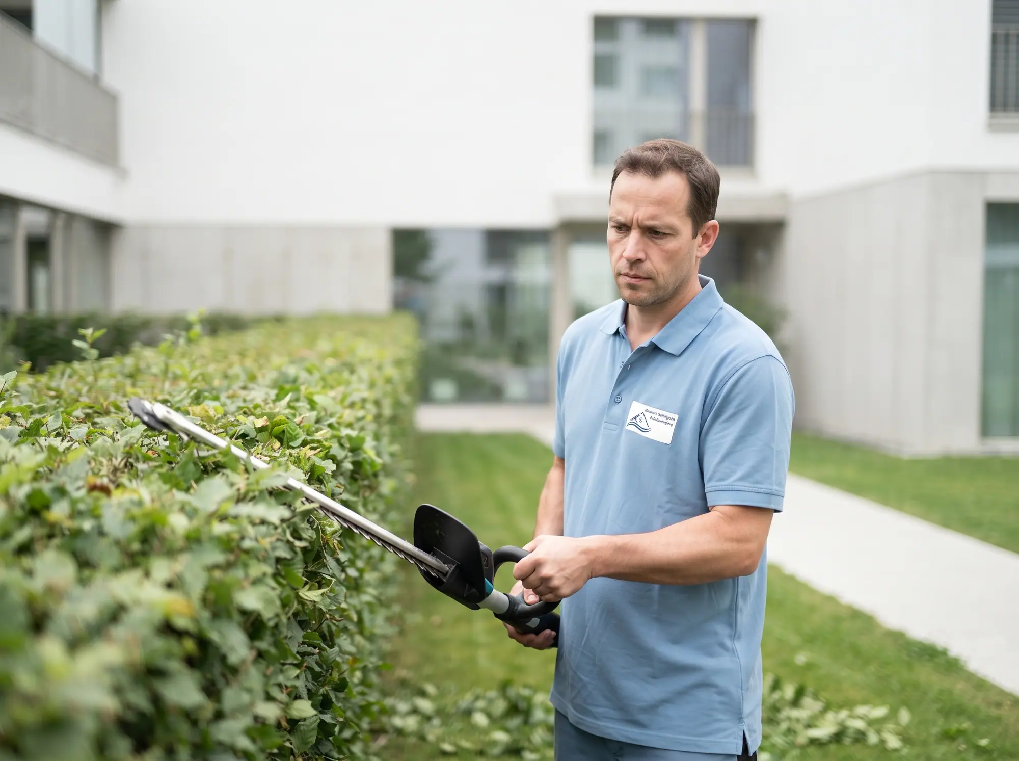 Mitarbeiter schneidet eine Hecke vor einer modernen Wohnliegenschaft, frisch gemähter Rasen davor