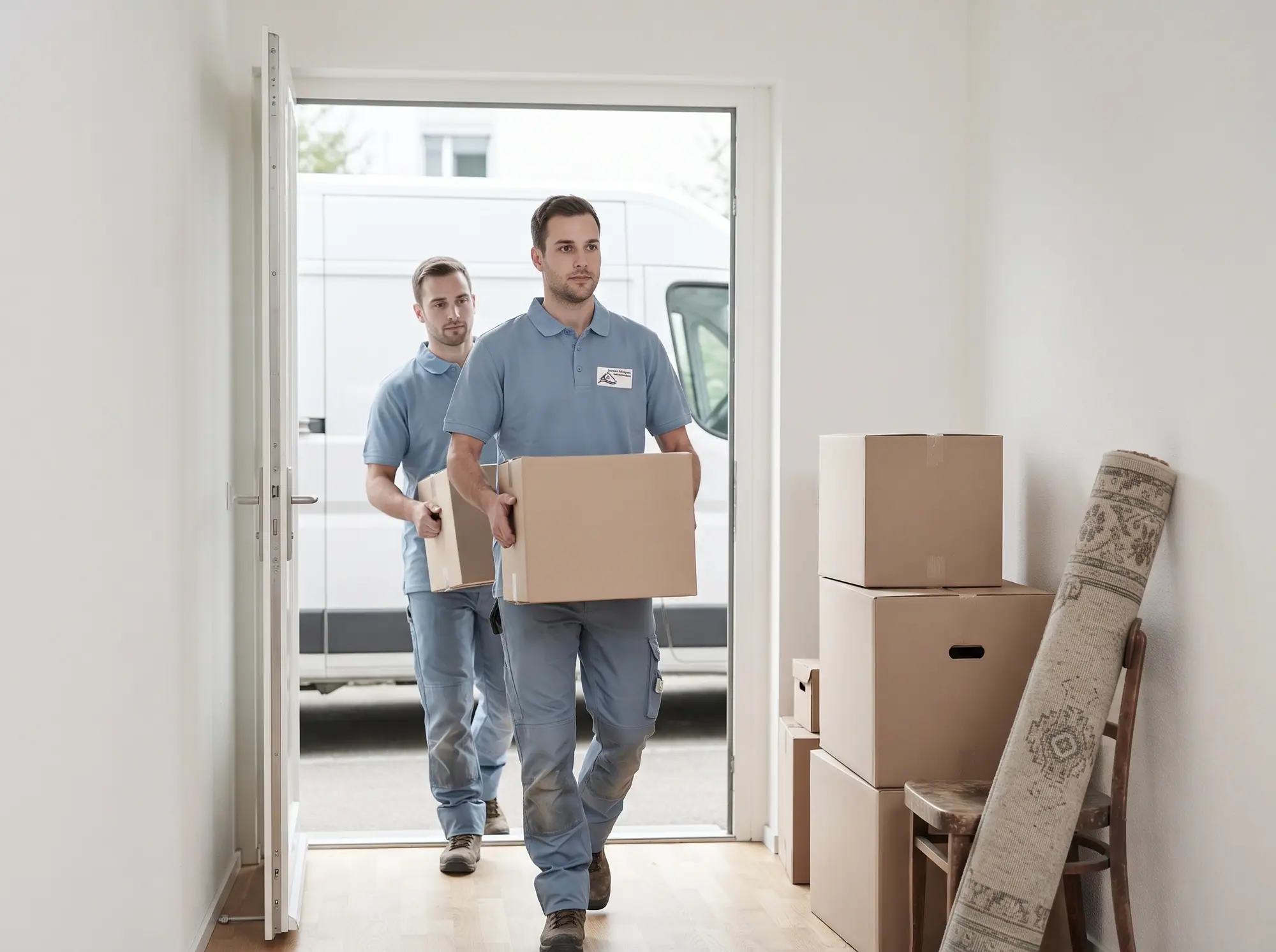 Zwei Mitarbeiter tragen sortierte Kartons und Möbel aus einer Wohnung zum Transporter